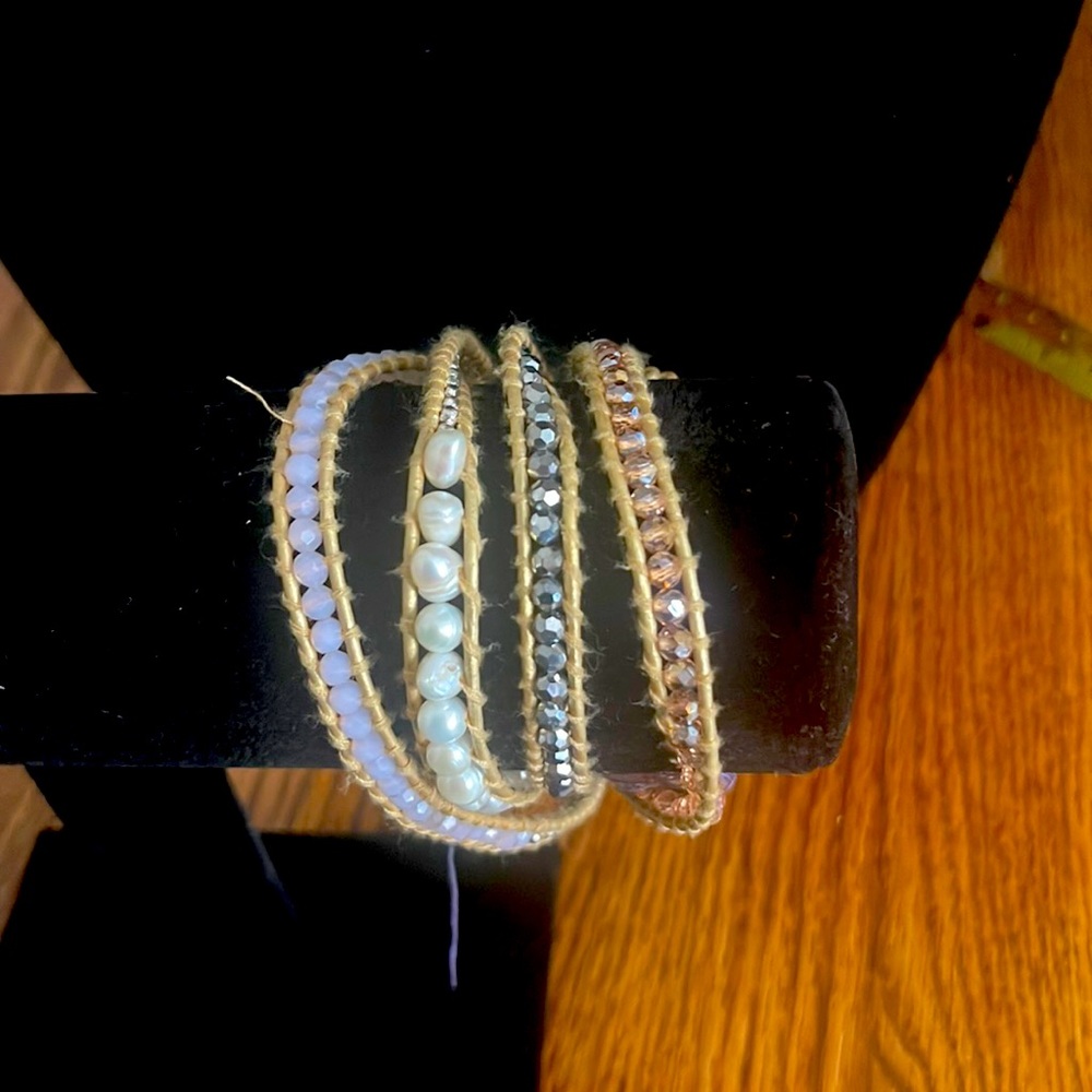 Pearl/pink/silver/grey bead wrap bracelet with gold leather
